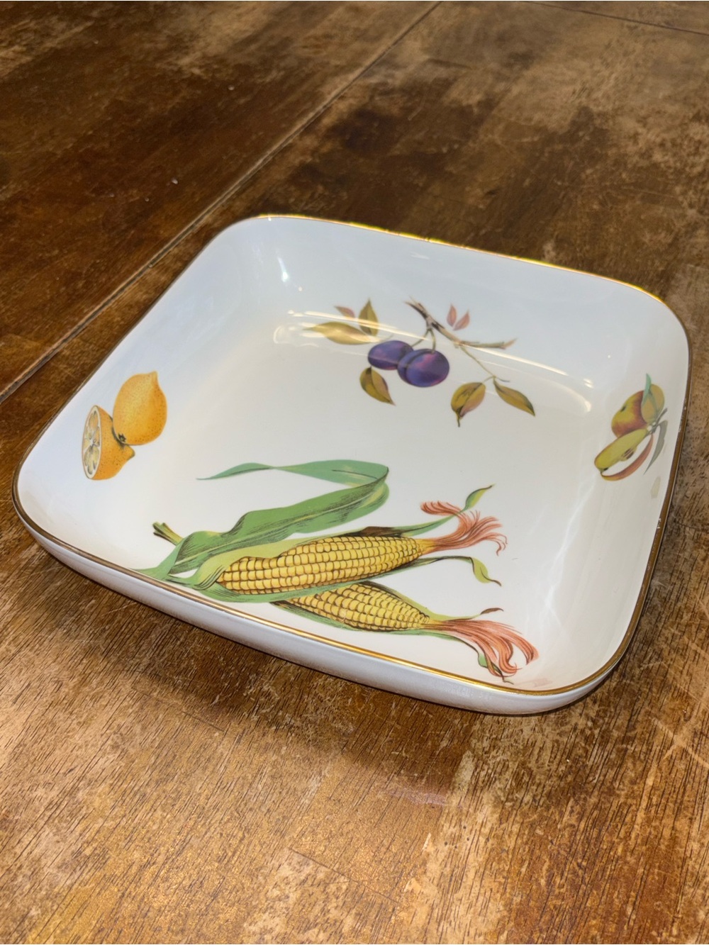 Royal Worcester Evesham Gold Trim 10” Square Baker Corn Pattern Made in England